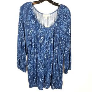 Michael Kors Women Blue Paisley Long Sleeve Blouse Size XL Top Boho